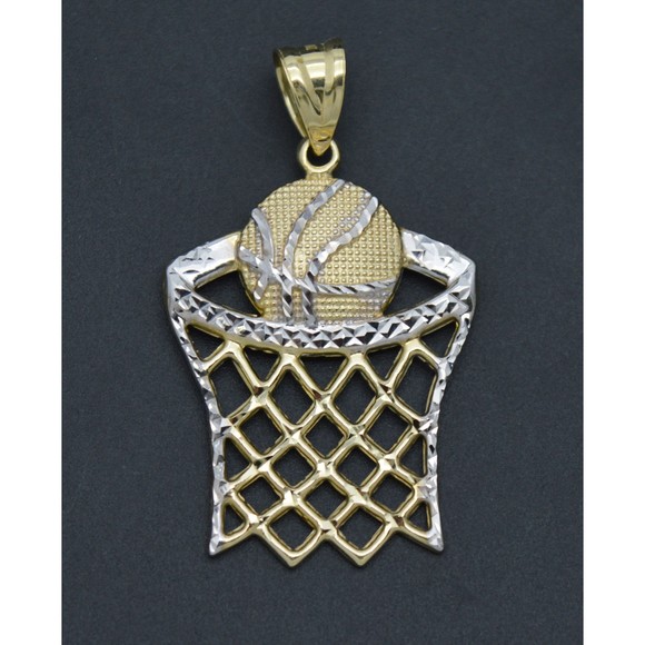 Real 10K Two-Tone Gold 41mm Diamond Cut Basketball Hoop Net Sport Pendant 2.0gr - Picture 1 of 6